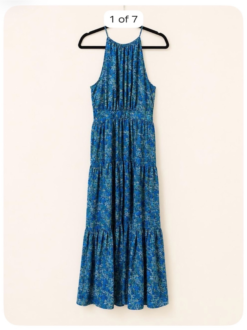Belle Sky Blue Floral Tiered Maxi Dress Size L Boho High Neck Sleeveless